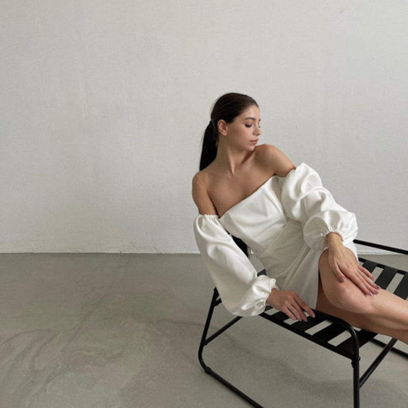 Elegant Vit Klänning i Polyester – Puffärm & Figurnära Snitt