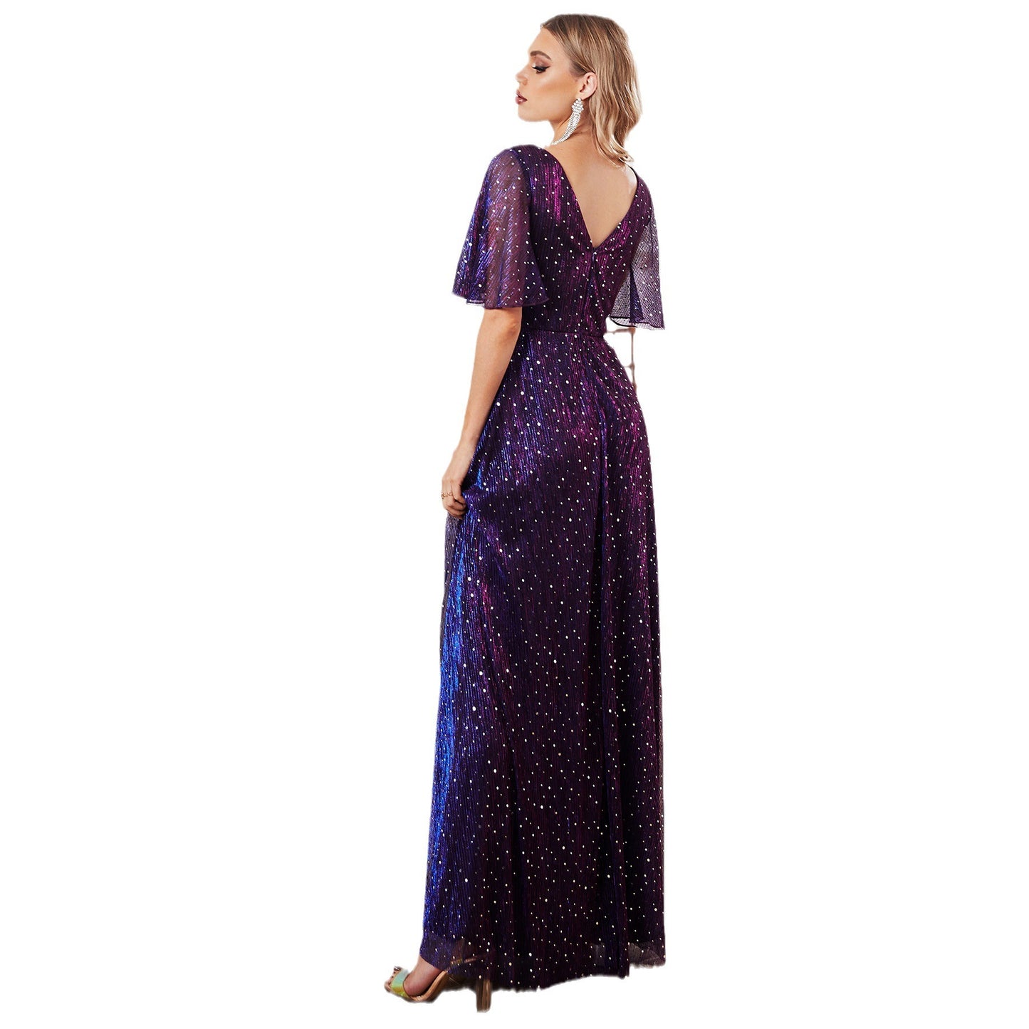 Elegant Klänning i Chiffong – Hög Midja & Kort Ärmslut