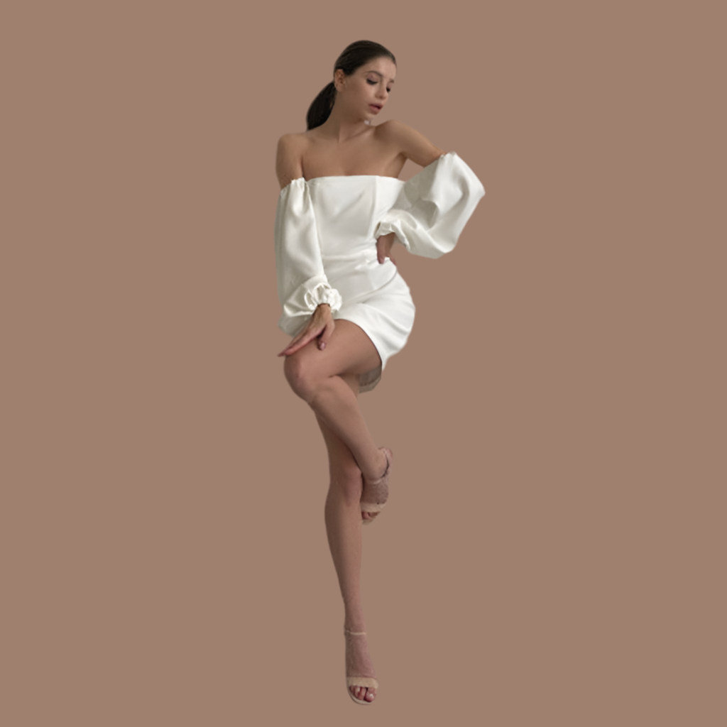 Elegant Vit Klänning i Polyester – Puffärm & Figurnära Snitt