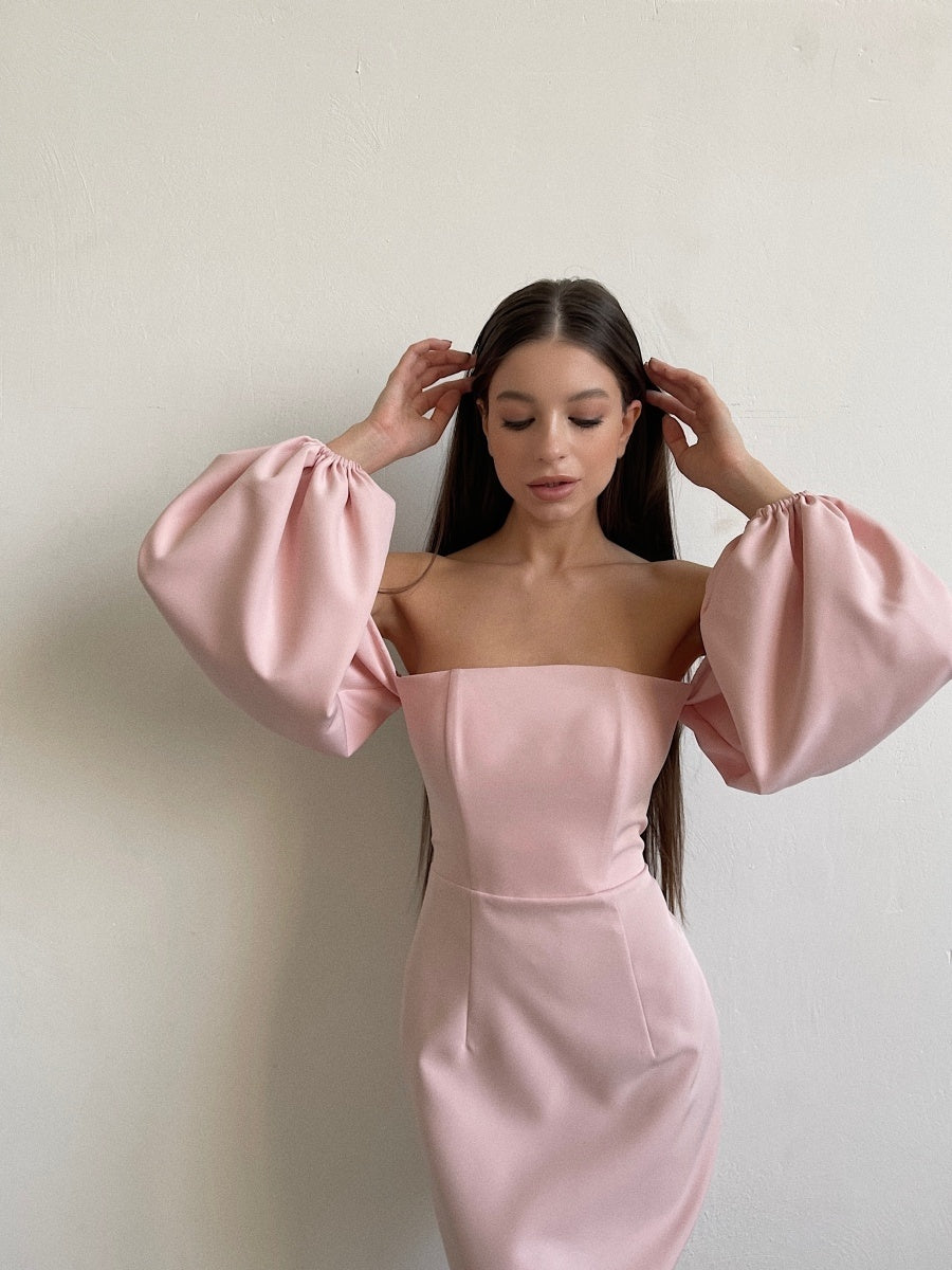Elegant Vit Klänning i Polyester – Puffärm & Figurnära Snitt