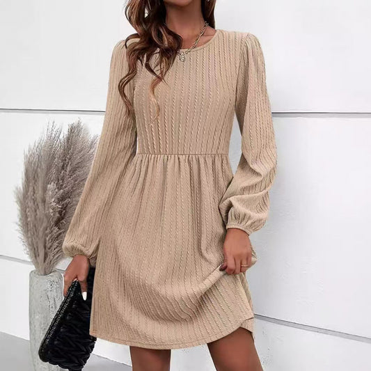 Jacquard Knitted Temperament Bubble Long Sleeve Dress Women